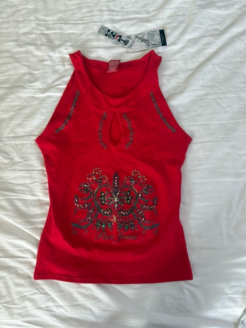 Red Embellished Women's Sleeveless Tank Top with Keyhole